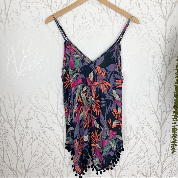 JAPNA Spaghetti Strap Floral Tank Top Pom Pom Trim - Picture 6 of 10